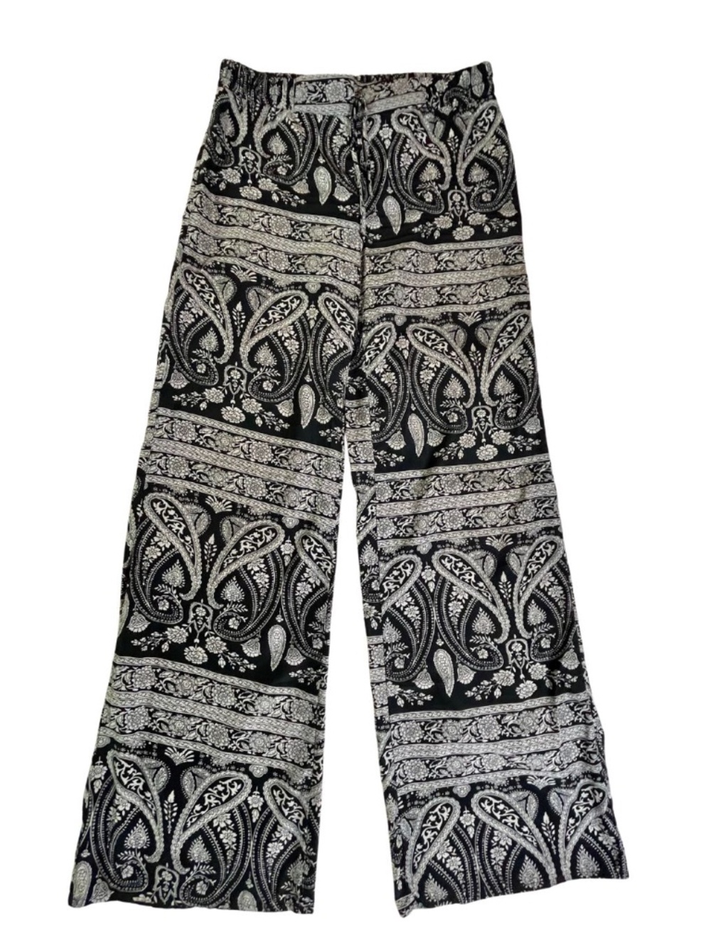 Women's Straight-leg Bandana Print Casual Summer Pants Black White Paisley